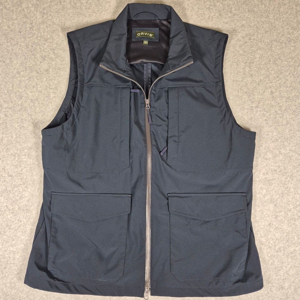 Orvis Utility Travel Vest Mens XL Navy Blue Mesh Lined Full Zip Multi-Pocket